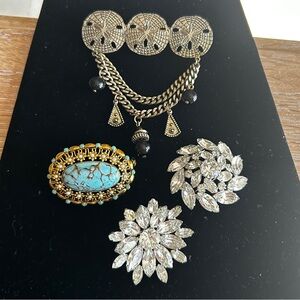Lot of 4 Brooches, Shells, Cobochan Art Glass, Rhinestones